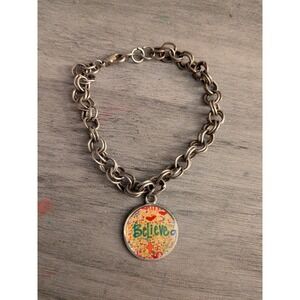 Believe Inspirational Charm Bracelet Silver‎ Tone Double Link Chain Cross